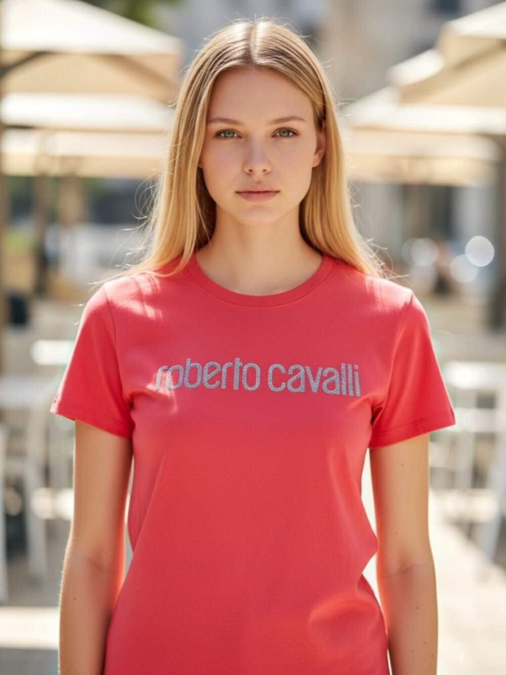 Roberto Cavalli T-Shirt Red Women's Medium Glitter Spellout Logo Short Sleeve